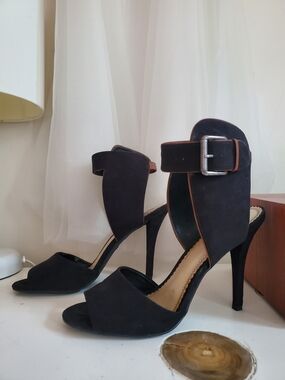 MIA Black Suede Open-Toe Stiletto Sandals with Ankle Buckle